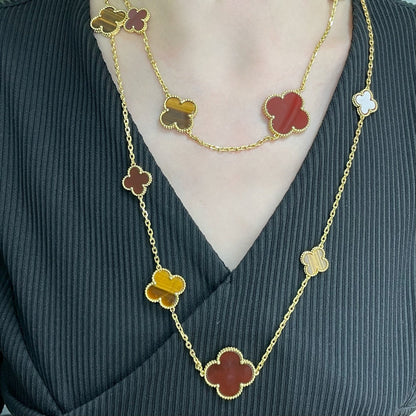 [Luna Brilliance]CLOVER 16 MOTIF CARNELIAN TIGER EYE ROSE GOLD NECKLACE