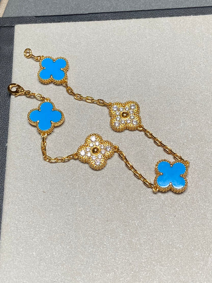 [Luna Brilliance]CLOVER 5 MOTIF BLUE CHALCEDONY DIAMOND GOLD BRACELET
