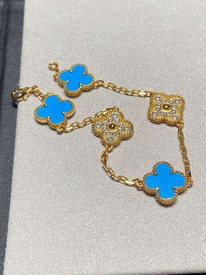 [Luna Brilliance]CLOVER 5 MOTIF BLUE CHALCEDONY DIAMOND GOLD BRACELET