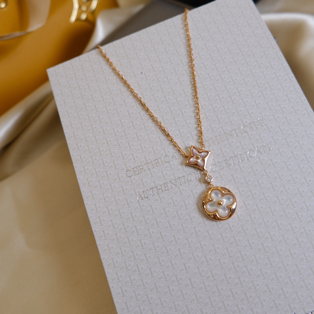 [Luna Brilliance]STAR AND SUN WHITE MOP 2 MOTIF PINK GOLD NECKLACE