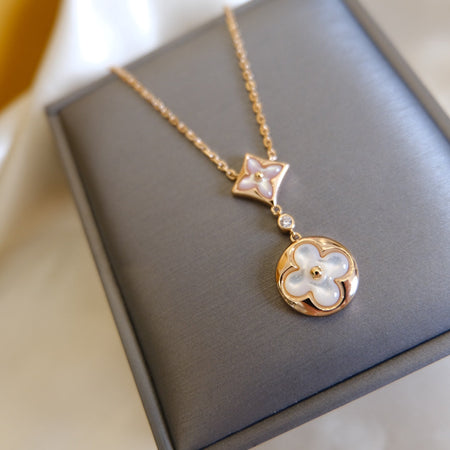 [Luna Brilliance]STAR AND SUN WHITE MOP 2 MOTIF PINK GOLD NECKLACE