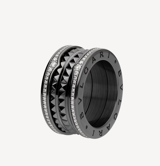 [Luna Brilliance]ZERO 1 ROCK FOUR-BAND BLACK CERAMIC WITH STUDDED SPIRAL AND PAVED DIAMONDS RING