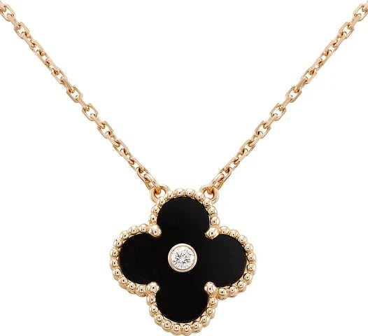 [Luna Brilliance]CLOVER 15MM DIAMOND ONYX NECKLACE
