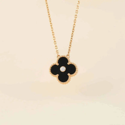 [Luna Brilliance]CLOVER 15MM DIAMOND ONYX NECKLACE