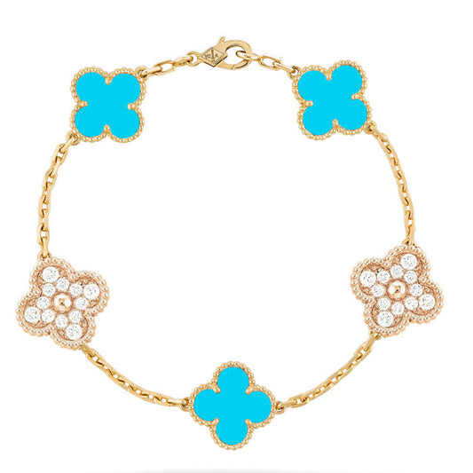 [Luna Brilliance]CLOVER 5 MOTIF TURQUOISE DIAMOND GOLD BRACELET