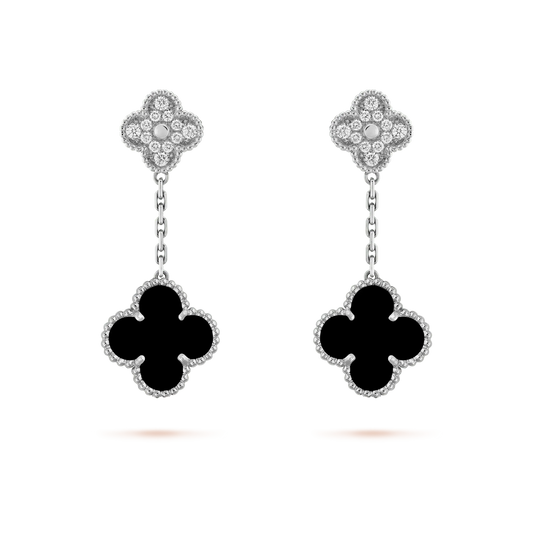 [Luna Brilliance]CLOVER 2 MOTIFS  DIAMOND ONYX EARRINGS SILVER