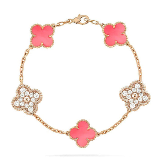 [Luna Brilliance]CLOVER 5 MOTIF DIAMOND PINK MOP PINK GOLD BRACELET