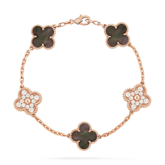 [Luna Brilliance]CLOVER 5 MOTIFS DARK MOP AND DIAMONDS PINK GOLD BRACELET