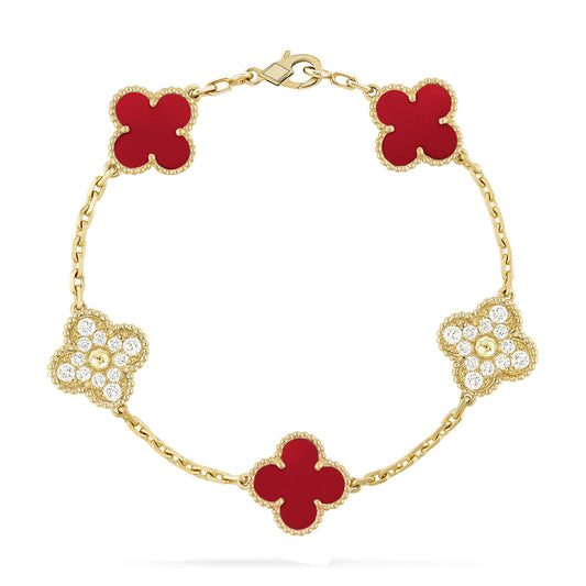 [Luna Brilliance]CLOVER 5 MOTIFS CARNELIAN DIAMOND BRACELET