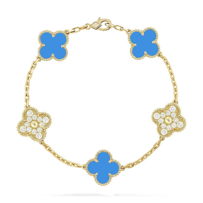 [Luna Brilliance]CLOVER 5 MOTIF BLUE CHALCEDONY DIAMOND GOLD BRACELET