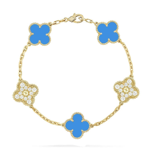 [Luna Brilliance]CLOVER 5 MOTIF BLUE CHALCEDONY DIAMOND GOLD BRACELET