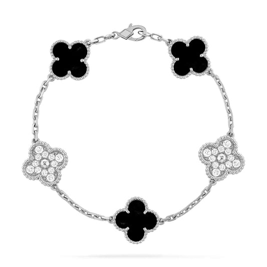 [Luna Brilliance]CLOVER 5 MOTIF ONYXS DIAMOND BRACELET SILVER