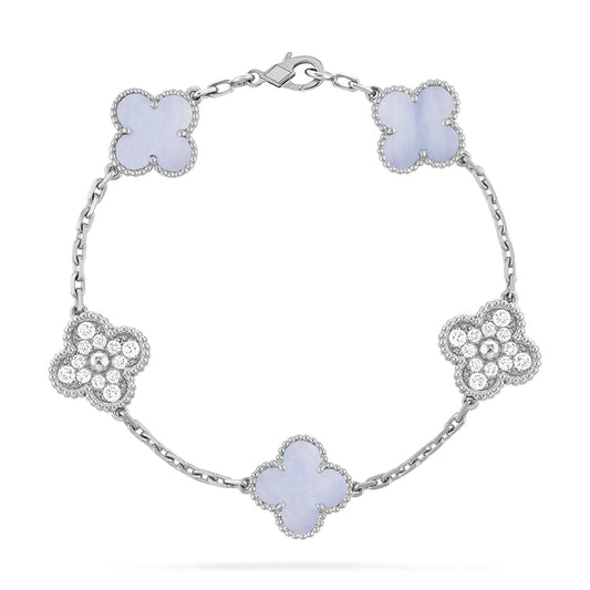 [Luna Brilliance]CLOVER  5 MOTIF DIAMOND PURPLE CHALCEDONY BRACELET SILVER