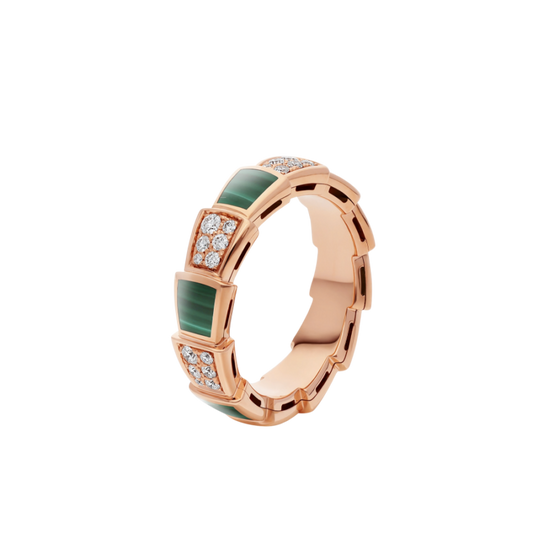 [Luna Brilliance]SERPENTI RING PINK GOLD MALACHITE DIAMOND PAVED 4MM