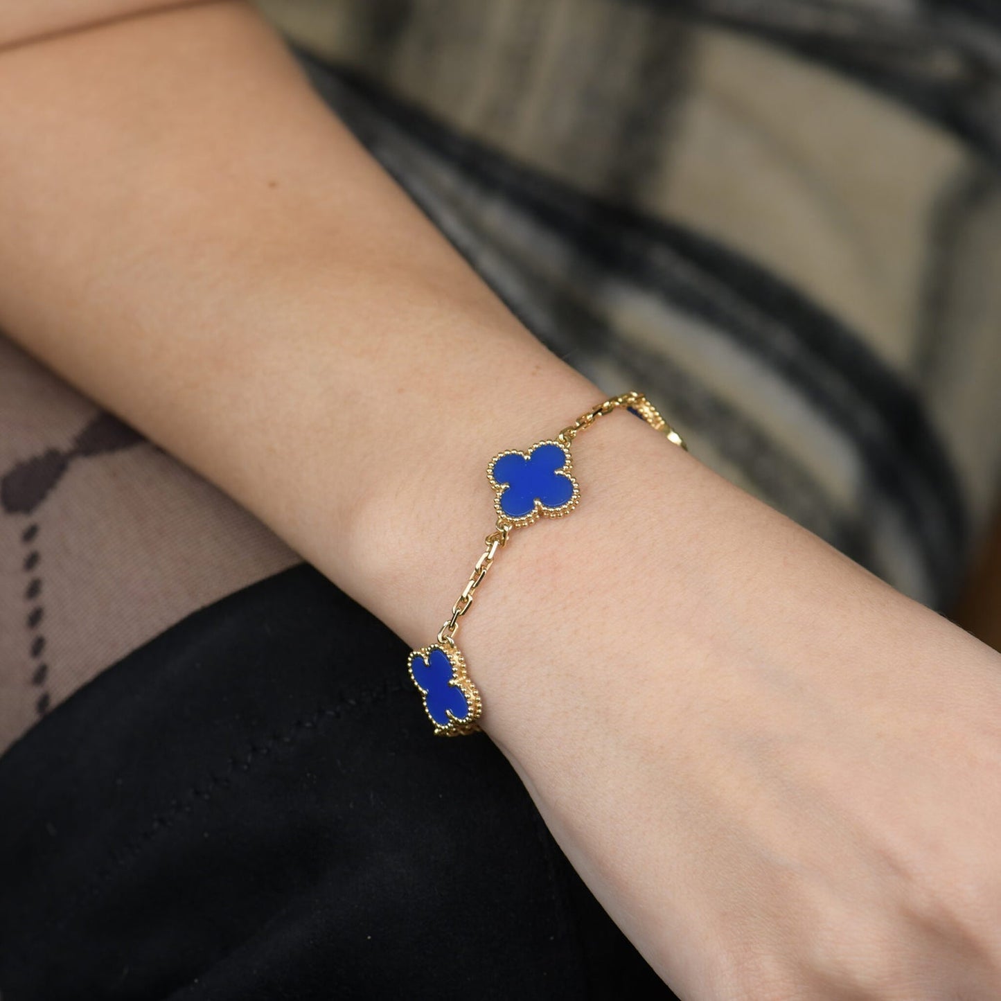 [Luna Brilliance]CLOVER 5 MOTIFS BLUE AGATE BRACELET