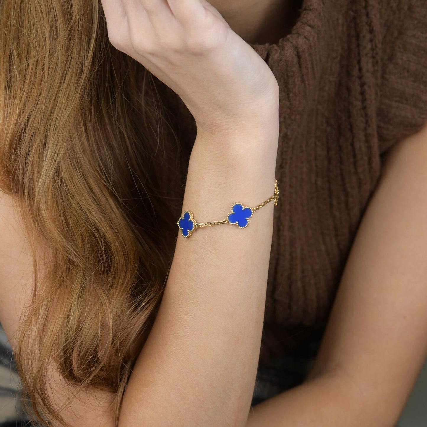 [Luna Brilliance]CLOVER 5 MOTIFS BLUE AGATE BRACELET