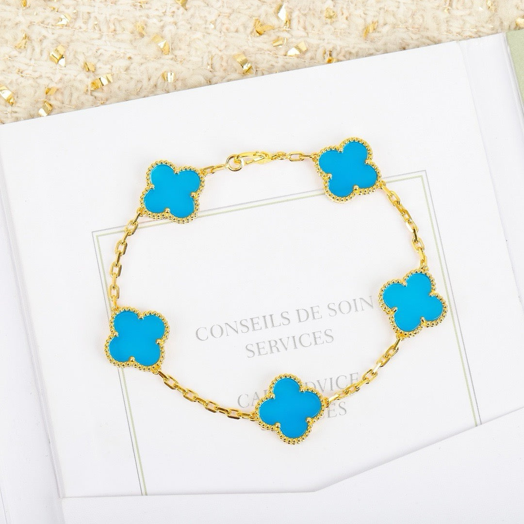 [Luna Brilliance]CLOVER 5 MOTIFS TURQUOISE BRACELET