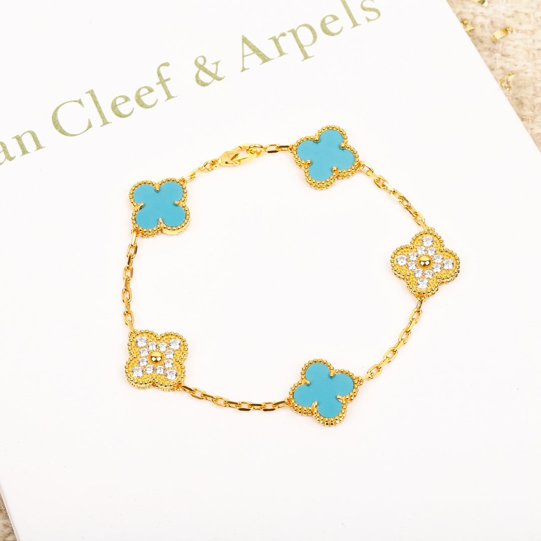 [Luna Brilliance]CLOVER 5 MOTIF TURQUOISE DIAMOND GOLD BRACELET