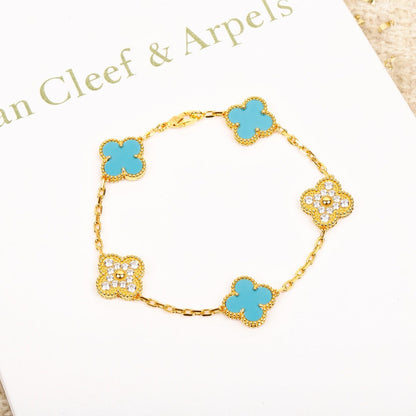 [Luna Brilliance]CLOVER 5 MOTIF TURQUOISE DIAMOND GOLD BRACELET