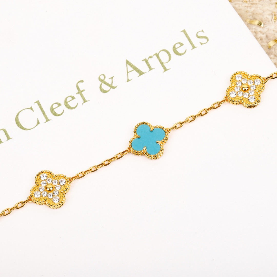 [Luna Brilliance]CLOVER 5 MOTIF TURQUOISE DIAMOND GOLD BRACELET