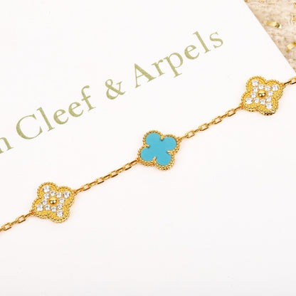 [Luna Brilliance]CLOVER 5 MOTIF TURQUOISE DIAMOND GOLD BRACELET