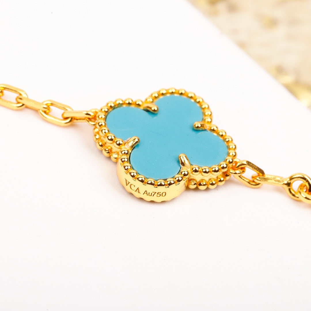 [Luna Brilliance]CLOVER 5 MOTIF TURQUOISE DIAMOND GOLD BRACELET