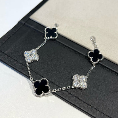 [Luna Brilliance]CLOVER 5 MOTIF ONYXS DIAMOND BRACELET SILVER