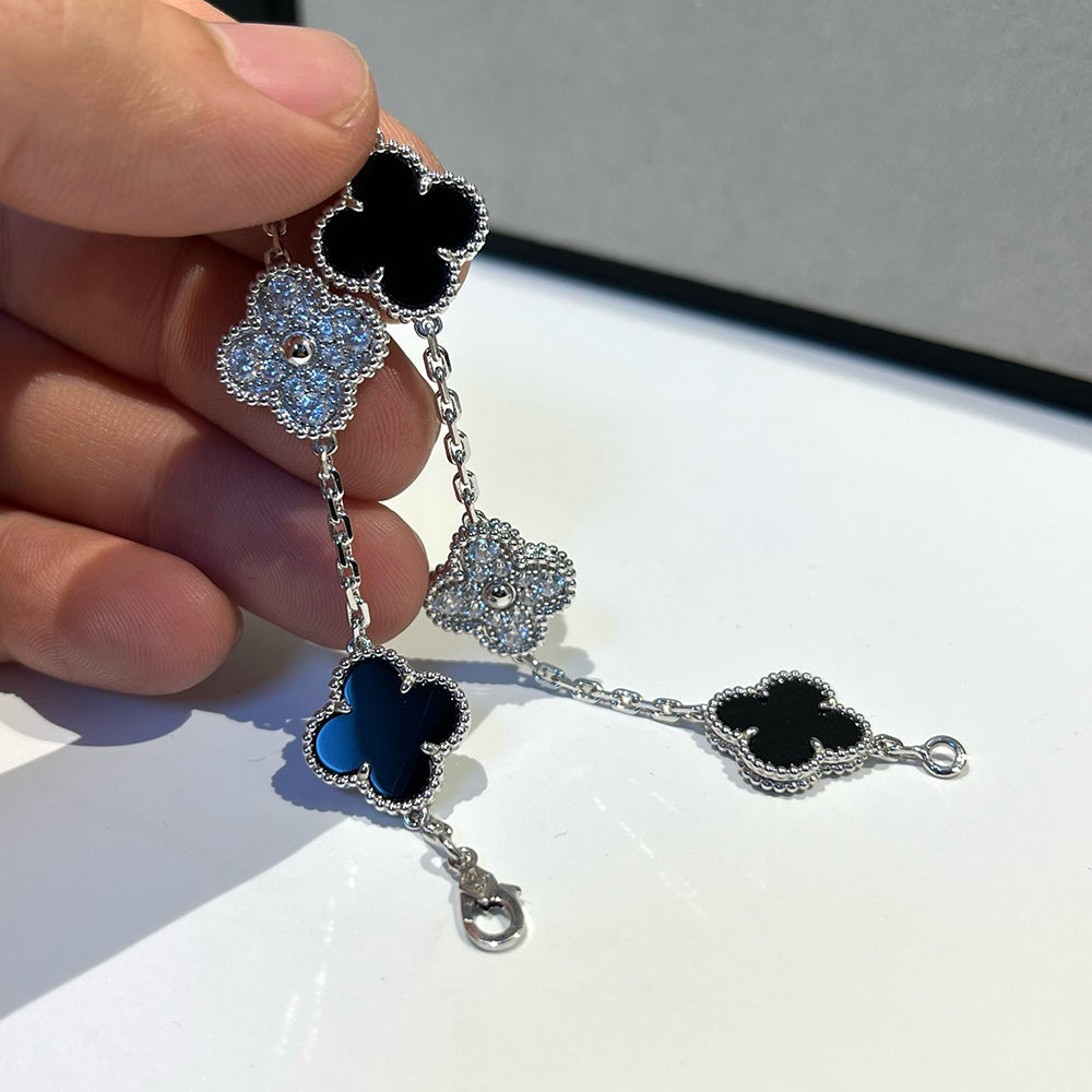 [Luna Brilliance]CLOVER 5 MOTIF ONYXS DIAMOND BRACELET SILVER