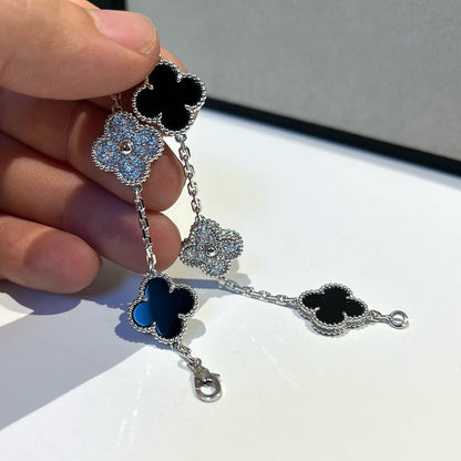 [Luna Brilliance]CLOVER 5 MOTIF ONYXS DIAMOND BRACELET SILVER