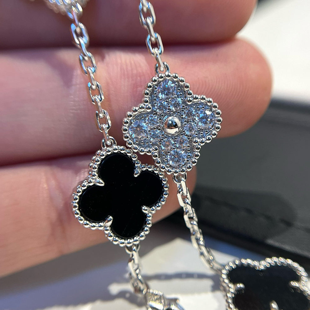 [Luna Brilliance]CLOVER 5 MOTIF ONYXS DIAMOND BRACELET SILVER