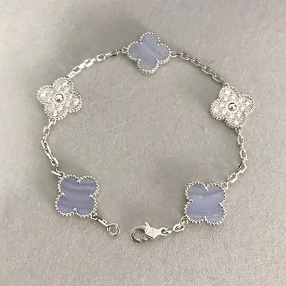[Luna Brilliance]CLOVER  5 MOTIF DIAMOND PURPLE CHALCEDONY BRACELET SILVER