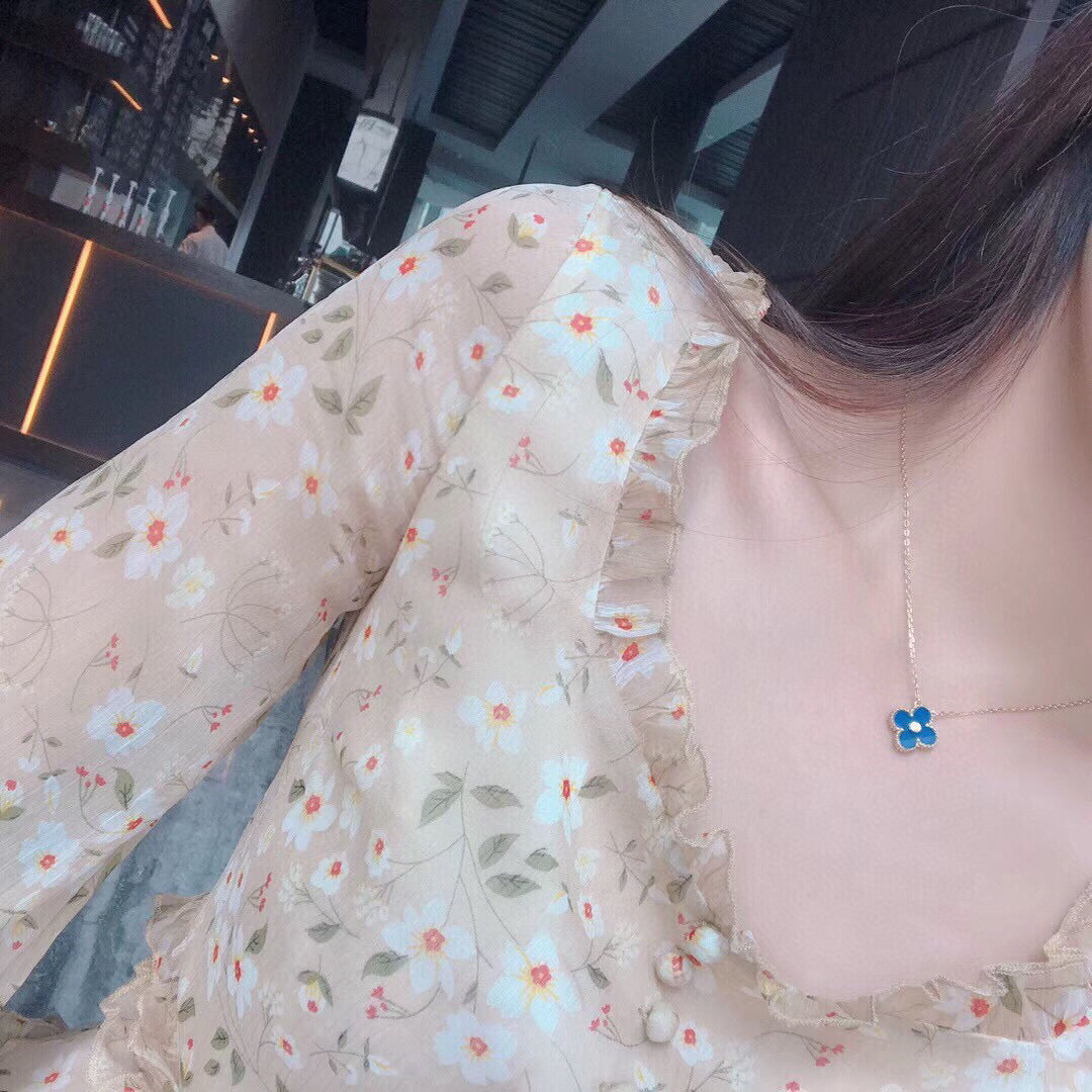 [Luna Brilliance]CLOVER 15MM DIAMOND AND BLUE AGATE NECKLACE