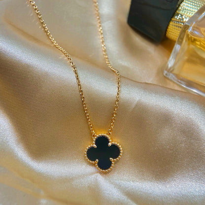 [Luna Brilliance]CLOVER 15MM BLACK ONYX SINGLE FLOWER NECKLACE