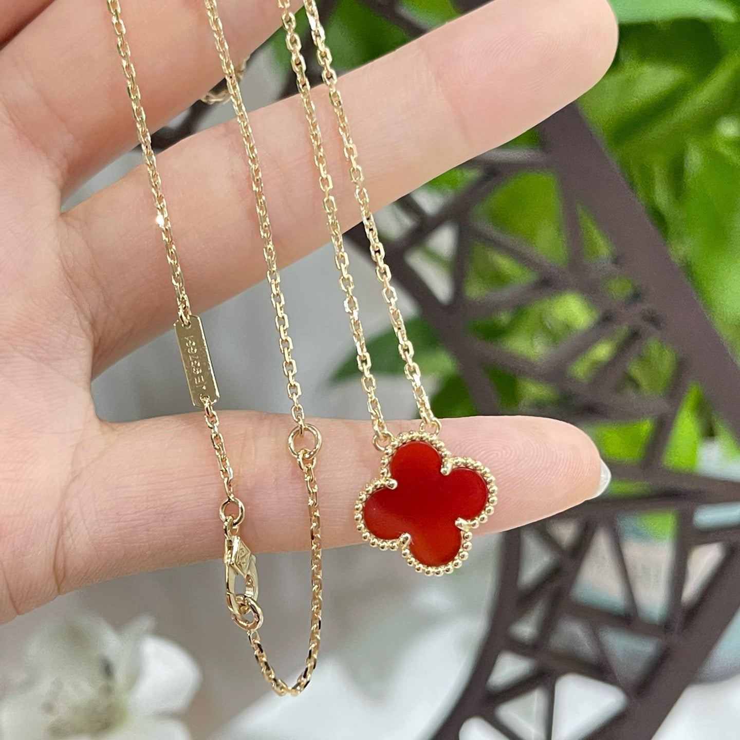 [Luna Brilliance]CLOVER 15MM CARNELIAN SINGLE FLOWER NECKLACE