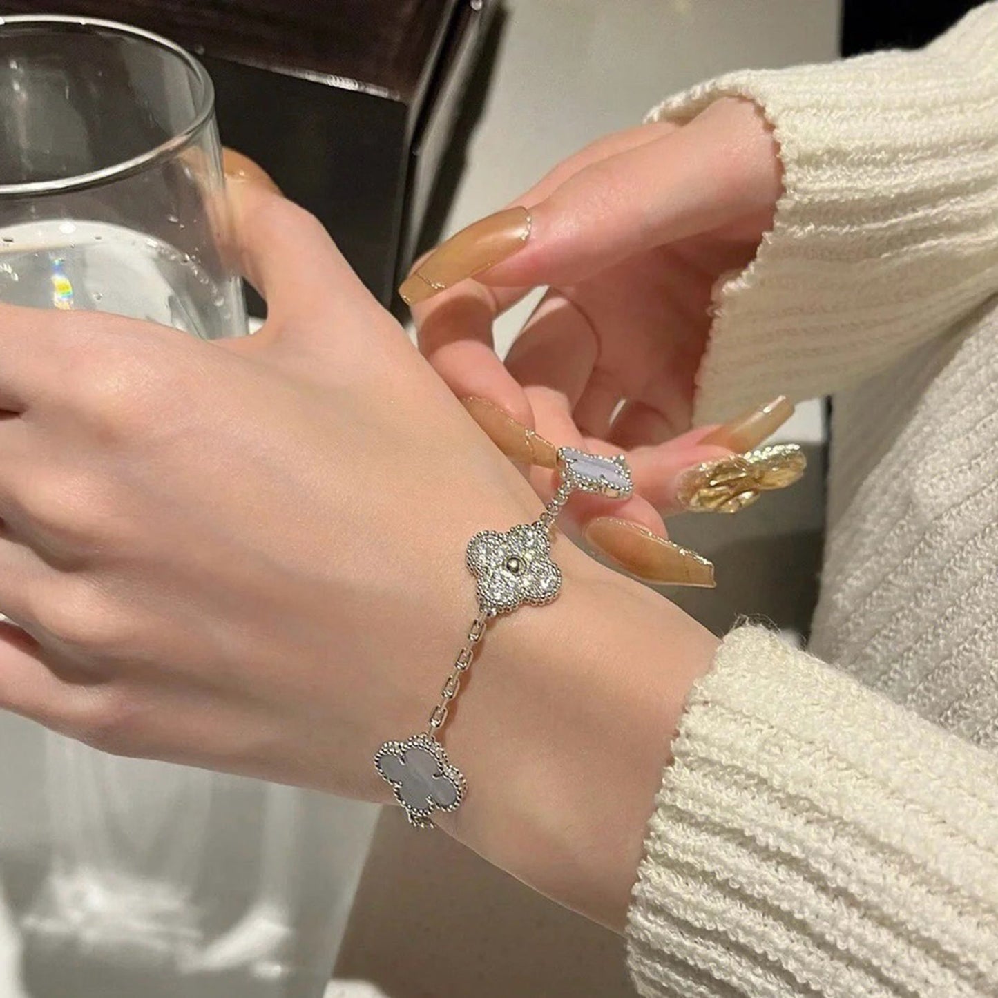[Luna Brilliance]CLOVER  5 MOTIF DIAMOND PURPLE CHALCEDONY BRACELET SILVER