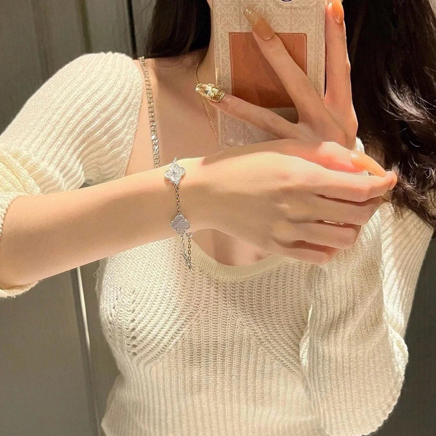 [Luna Brilliance]CLOVER  5 MOTIF DIAMOND PURPLE CHALCEDONY BRACELET SILVER