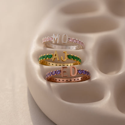 Duo Initial Birthstone Tennis Ring