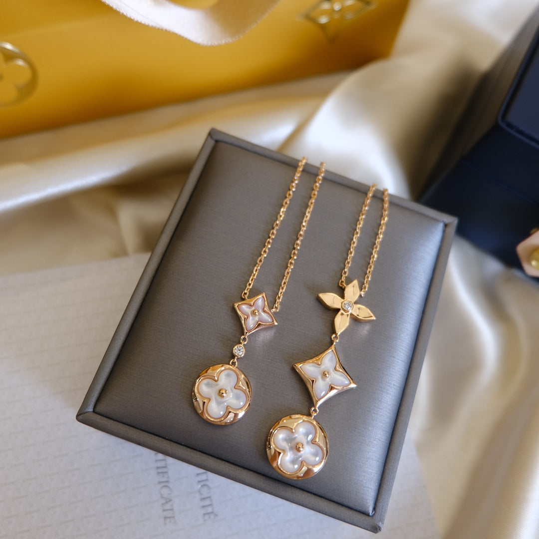 [Luna Brilliance]COLOR BLOSSOM LARIAT NECKLACE PINK GOLD WHITE MOTHER PEARL AND DIAMOND