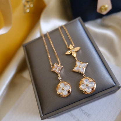 [Luna Brilliance]COLOR BLOSSOM LARIAT NECKLACE PINK GOLD WHITE MOTHER PEARL AND DIAMOND