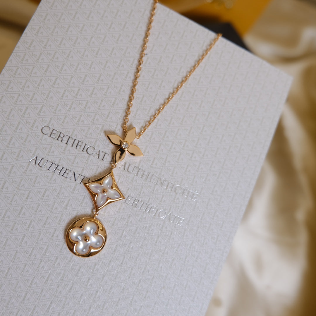 [Luna Brilliance]COLOR BLOSSOM LARIAT NECKLACE PINK GOLD WHITE MOTHER PEARL AND DIAMOND
