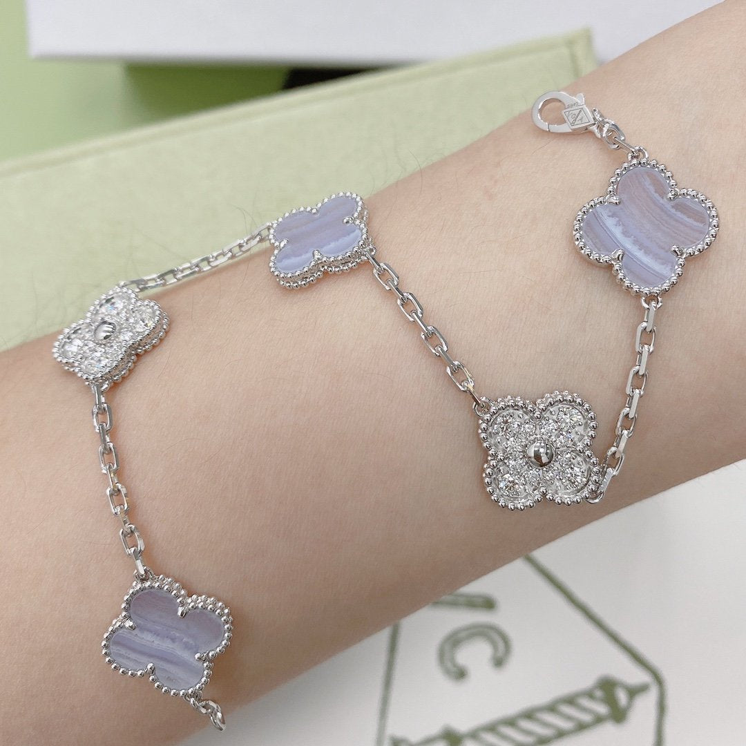 [Luna Brilliance]CLOVER  5 MOTIF DIAMOND PURPLE CHALCEDONY BRACELET SILVER
