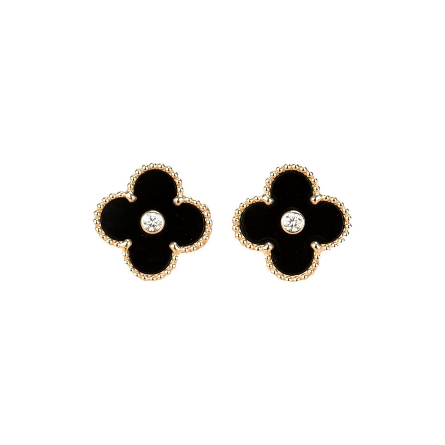[Luna Brilliance]CLOVER MEDIUM 1 MOTIFS ONYX DIAMOND EARRINGS