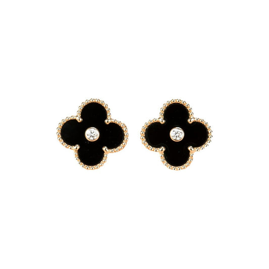 [Luna Brilliance]CLOVER MEDIUM 1 MOTIFS ONYX DIAMOND EARRINGS