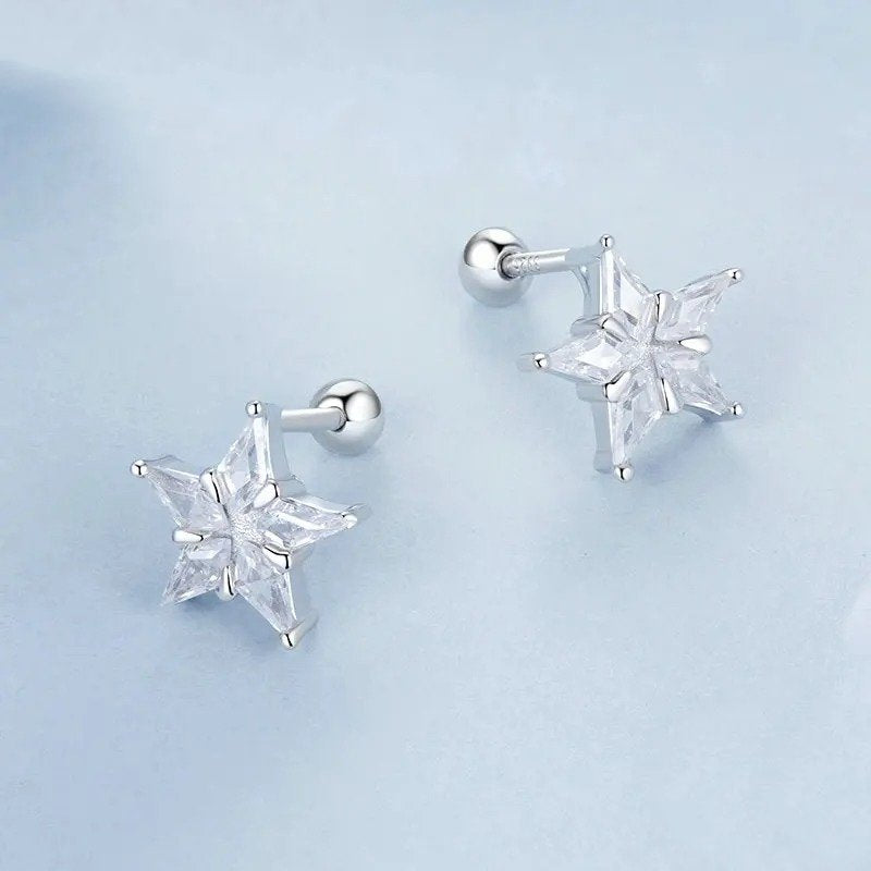 Shiny Star Stud Earrings Platinum Plated Cubic Zirconia Earrings