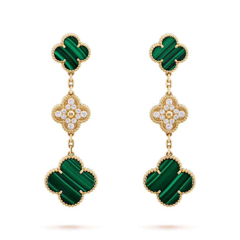 [Luna Brilliance]CLOVER EARRINGS GOLD MALACHITE DIAMOND 3 MOTIF