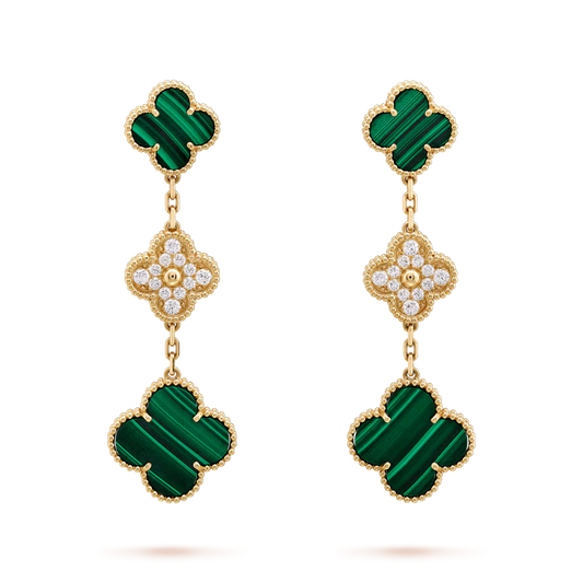 [Luna Brilliance]CLOVER EARRINGS GOLD MALACHITE DIAMOND 3 MOTIF