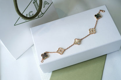 [Luna Brilliance]CLOVER 5 MOTIFS DARK MOP AND DIAMONDS PINK GOLD BRACELET