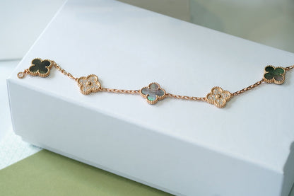 [Luna Brilliance]CLOVER 5 MOTIFS DARK MOP AND DIAMONDS PINK GOLD BRACELET