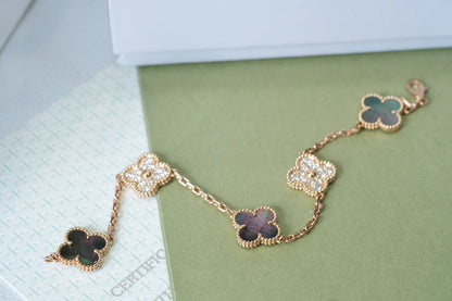 [Luna Brilliance]CLOVER 5 MOTIFS DARK MOP AND DIAMONDS PINK GOLD BRACELET