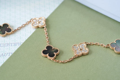 [Luna Brilliance]CLOVER 5 MOTIFS DARK MOP AND DIAMONDS PINK GOLD BRACELET